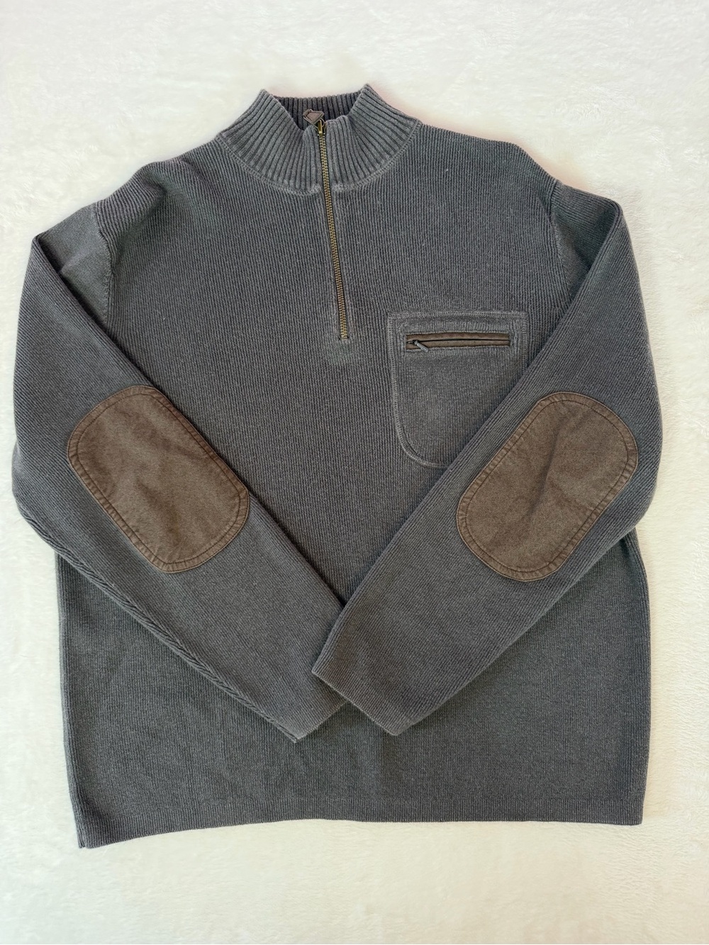Woolrich Mens M Quarter Zip Sweater Elbow Patch‎ Mock Neck Gray Pullover